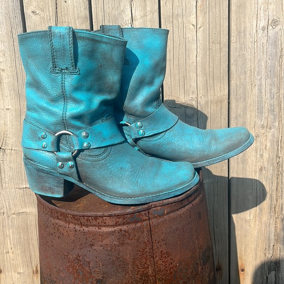🤠REFASHIONED TURQUOISE LEATHER WESTERN ANKLE BOOTS SIZE 38-7 - Picture 5 of 9